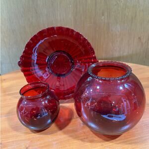 Set of 3-Anchor Hocking Ruby Red Old Cafe Dish, Ruffled Ball Vase, Ivy Ball Vase